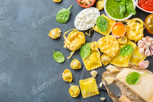 Preview: Italian food and ingredients, ravioli pasta tortellini pesto tomato sauce