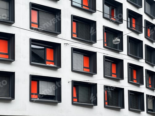 Preview: Perspective View To Rows Of Black Windows On Grey White Background In Modern Architecture Building