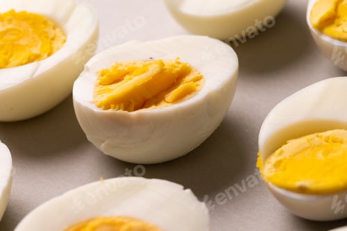 Preview: High angle view of fresh white boiled eggs on gray table