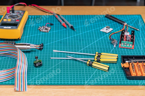 Preview: Top view of the workplace of an electrician or radioman in the workshop. No people
