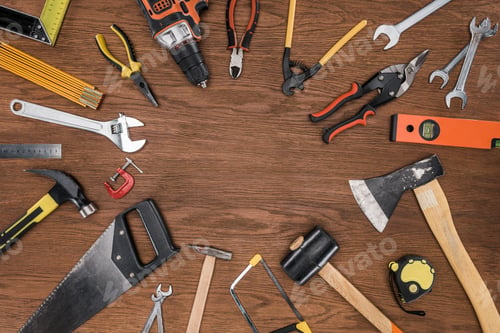 Preview: top view of arranged various tools on wooden table