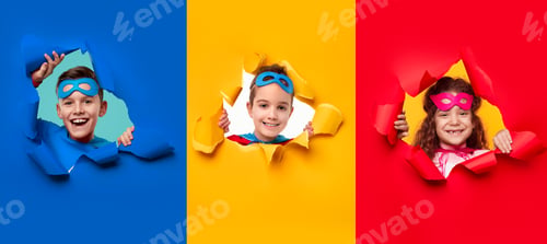 Preview: Positive superhero kids looking through torn paper