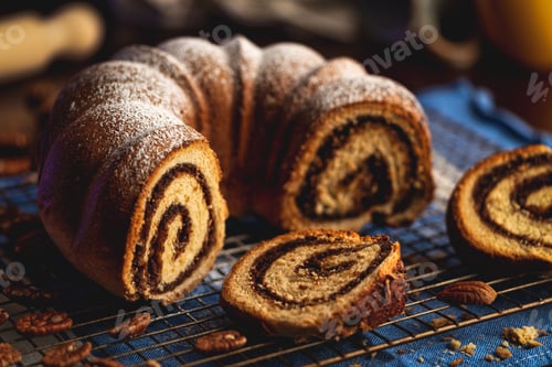 Preview: Closeup of a delicious Pecan Potica Bundt cake on a table