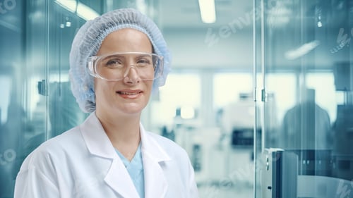 Preview: Female scientist wearing a lab coat and protective goggles stands in a laboratory.