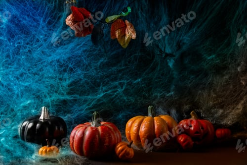 Preview: Background for Halloween with spider net and pumpkin