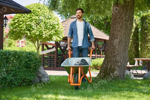 Preview: Strong male gardener pushing wheelbarrow, while working on backyard in sunny day.