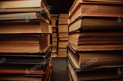 Preview: Library stack of old books. Rows in antique shop, bookstore. Vintage literature.