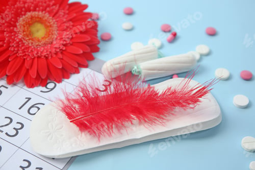 Preview: Composition with calendar, period supplies and pills on color background. Gynecological checkup