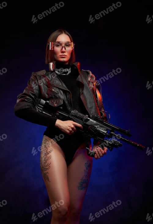 Preview: Glamour and dangerous woman in cyberpunk style with rifle in studio