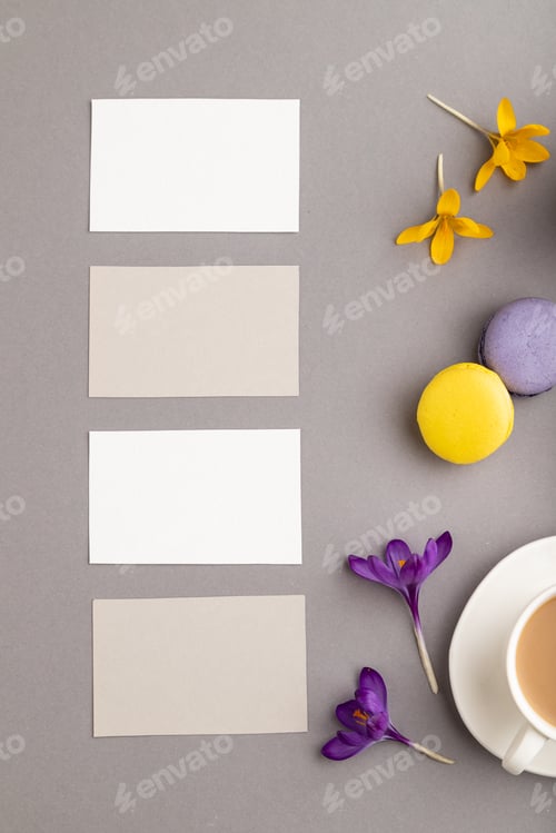 Preview: Gray and white business card mockup with spring snowdrop crocus flowers, cup of coffee