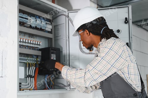 Preview: African, american Electrician installing ventilation system control panel in building