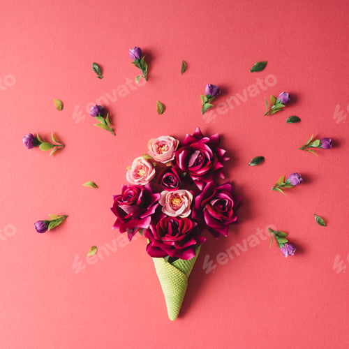 Preview: Purple flowers and green icecream cone on pink background.