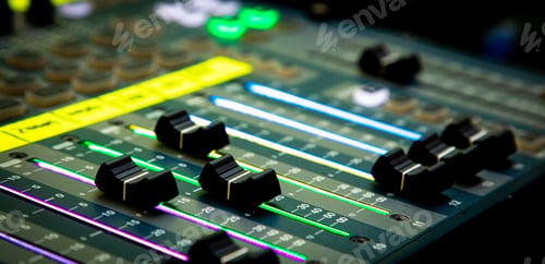 Preview: Sliders and buttons on Audio Mixing Desk at live event