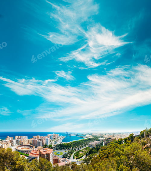 Preview: Malaga, Spain. Panorama Cityscape Elevated View Of In Sunny Summer