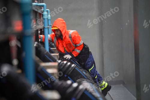 Preview: Worker in bright orange uniform managing waste at a recycling facility in rainy conditions