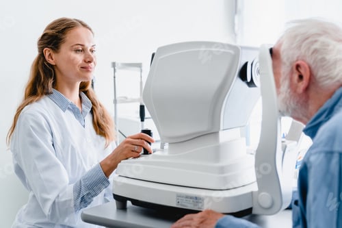 Preview: Young female oculist checking senior male patient`s vision using special equipment