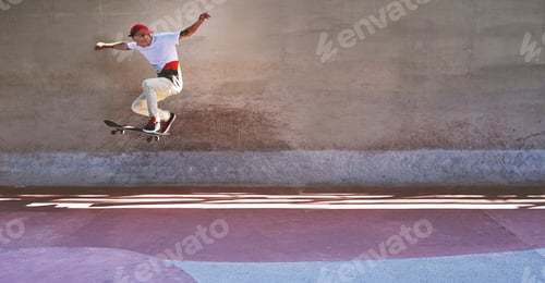Preview: Shot of a young man doing tricks on his skateboard at the skatepark