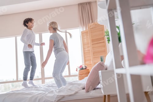 Preview: Cute smiling children brother and sister enjoy leisure weekend morning activities
