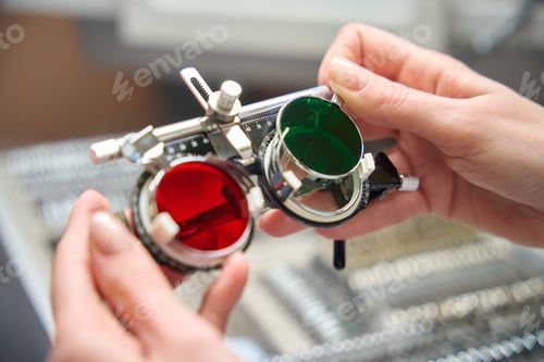 Preview: Woman holds in her hands special glasses with multi-colored trial lenses