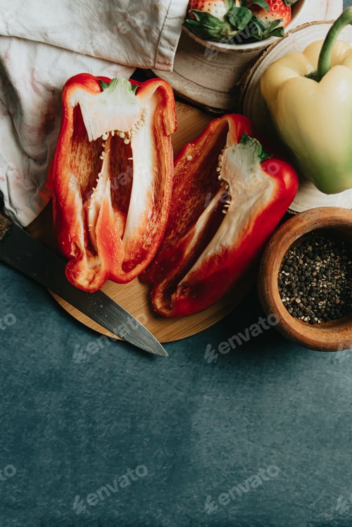 Preview: Mock up of a cooking table with a pepper cut in half a knife and some condiments