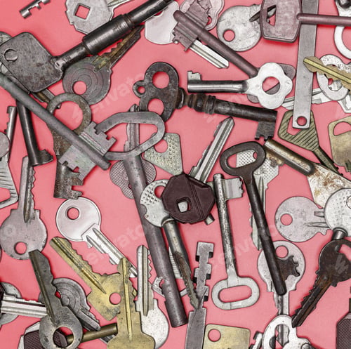 Preview: Keys set on pink background. Door lock keys and safes for proper