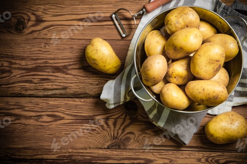 Preview: Fresh potatoes. On wooden table.