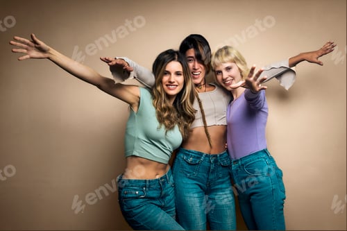Preview: Portrait of three happy and diverse young women friends having fun.