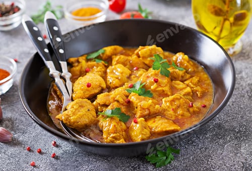 Preview: Curry with chicken and onions. Indian food. Asian cuisine.