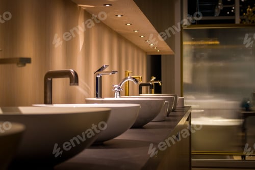 Preview: Closeup of basins and taps on display in a shop with dim lighting