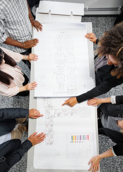 Preview: Overhead view of architects discussing blueprint