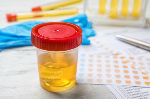 Preview: Jar with urine sample on table. Urology concept