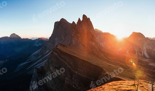 Preview: Outstanding landscape of the majestic Seceda dolomite mountains at daytime. Panoramic photo
