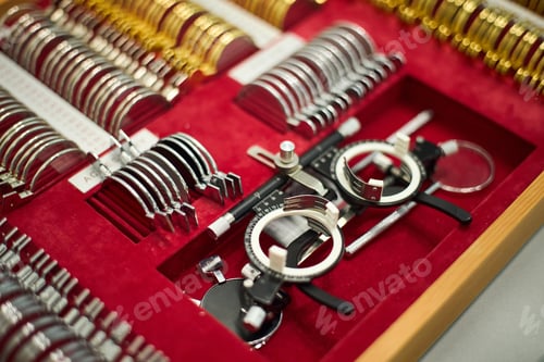Preview: Displaying Various Ophthalmology Testing Lenses in Red Case