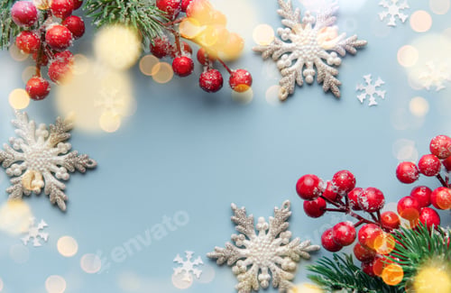 Preview: Fir Tree Decorations On Light Blue Background With Copy Space