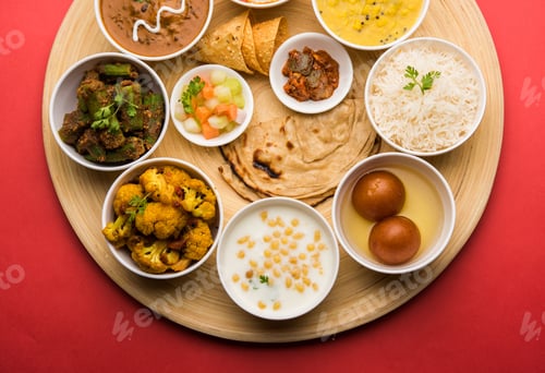 Preview: Indian assorted vegetarian food in plate and serving bowls