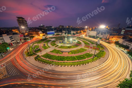 Preview: Wongwian Yai roundabout. Aerial view of highway junctions. Urban city, Bangkok at night, Thailand.