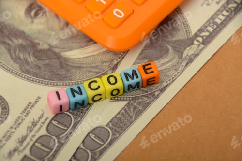 Preview: Calculator, money banknotes with text INCOME.