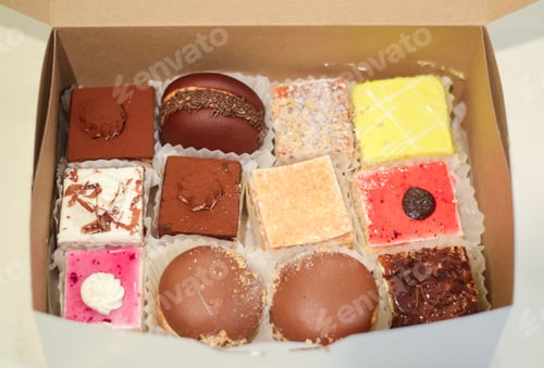 Preview: An assortment of colorful mini cakes in a box, take out, delivery food