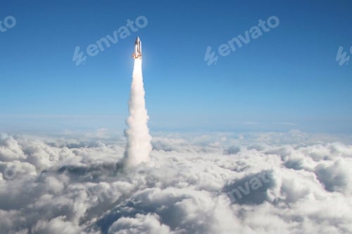 Preview: Space shuttle rocket lift off through the clouds into sky. Spaceship launch above the clouds