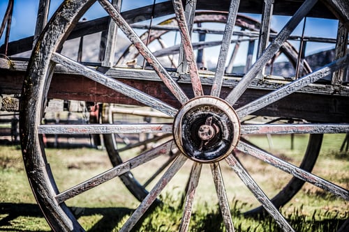 Preview: Wheel of an old horse cart on the farm at Estancia La Oriental, Perito Moreno National Park, Santa C