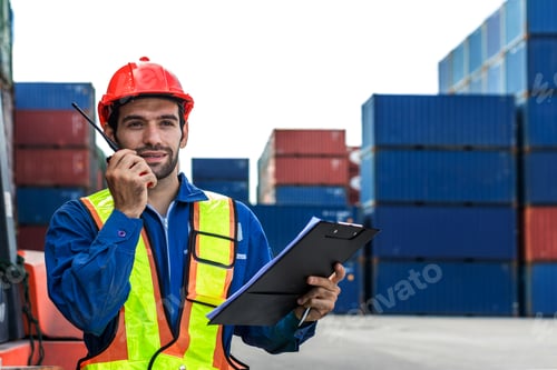 Preview: Foreman or worker work at Container cargo site check up goods in container