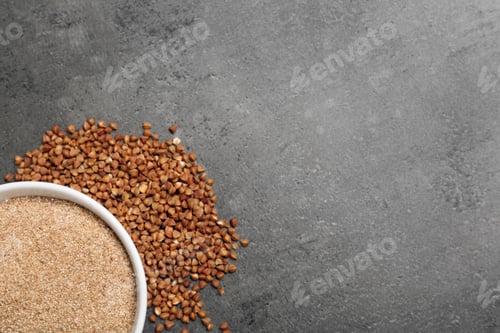 Preview: Bowl with buckwheat flour and seeds on grey background, top view. Space for text