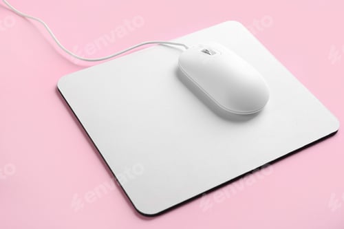 Preview: Modern wired optical mouse and pad on pink background