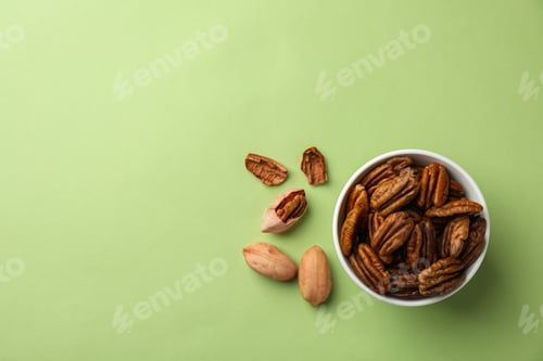 Preview: Flat lay composition with pecan nuts in dish on color background. Space for text