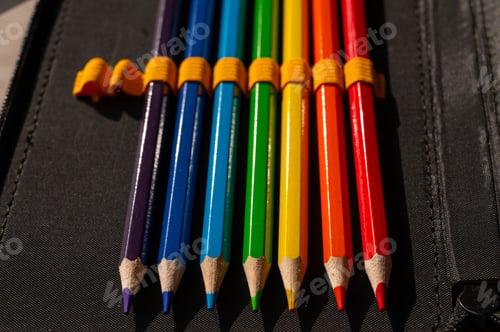 Preview: multi-colored pencils in a schoolboy's pencil case