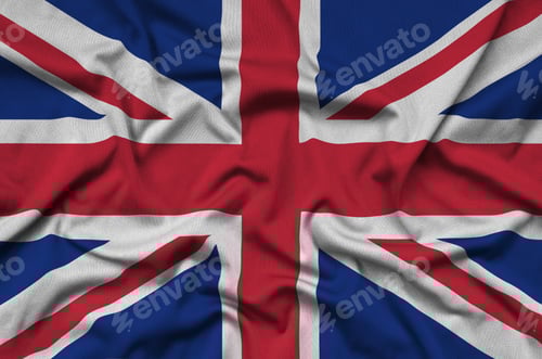 Preview: Great britain flag is depicted on a sports cloth fabric with many folds. Sport team waving banner