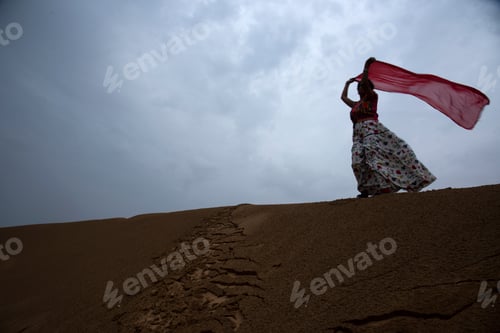Preview: Woman tourist enjoying vacation in Thar desert, Rajathan, India.