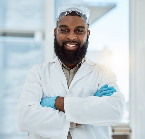 Preview: Laboratory, medical science and portrait of a man for research, study and career pride. Happy black