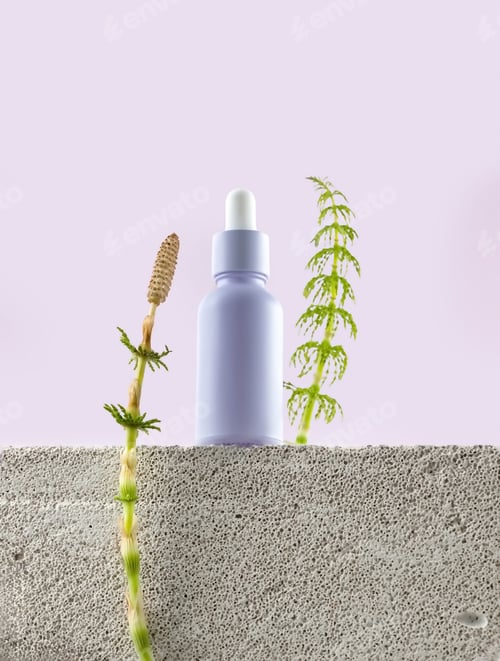 Preview: bottle with an essential oil pipette on a stone table and green horsetail twigs