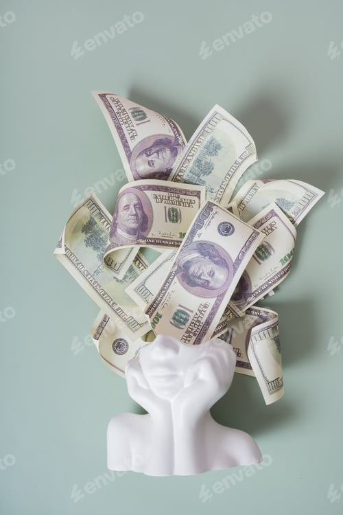 Preview: Fiinancial goals creative concept. Plaster head with cash money hundred dollars
